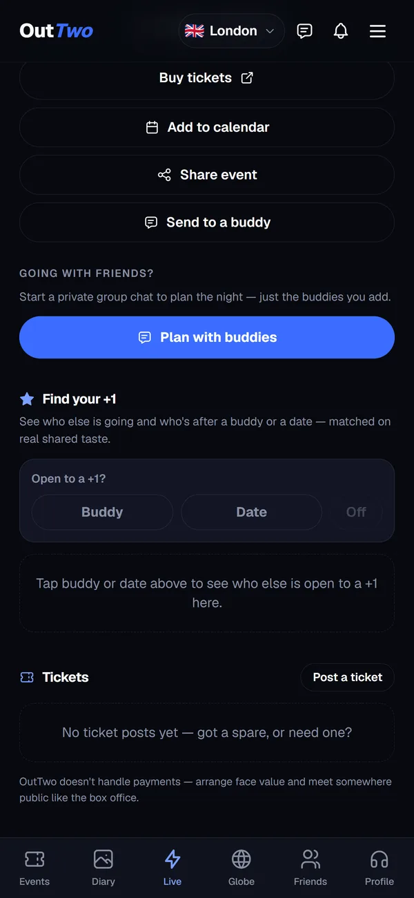 An OutTwo show page: find your +1, choose buddy or date, and the spare-ticket board