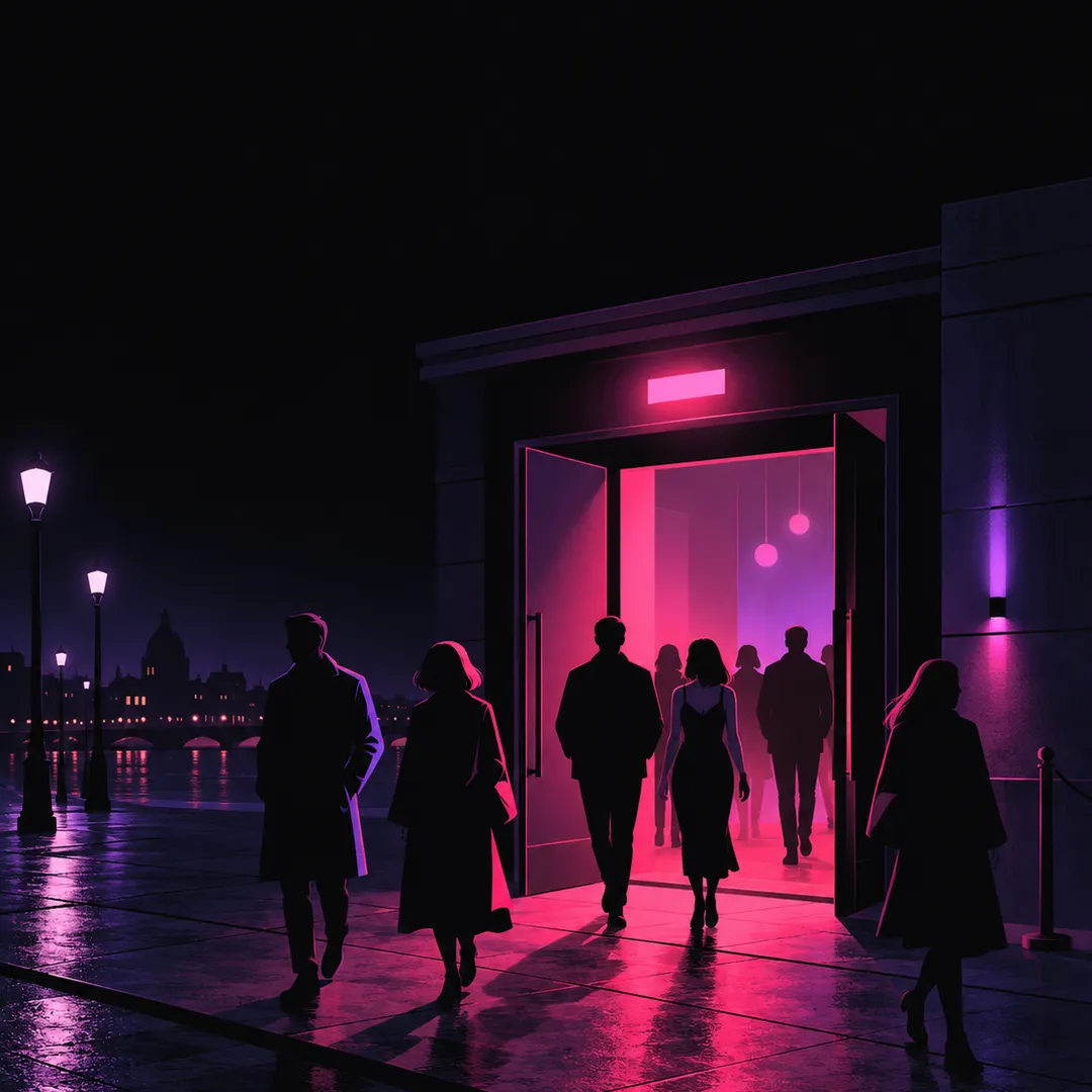 Illustration: fans calmly walking out of a venue door into a quiet, wet night street lit by pink light.