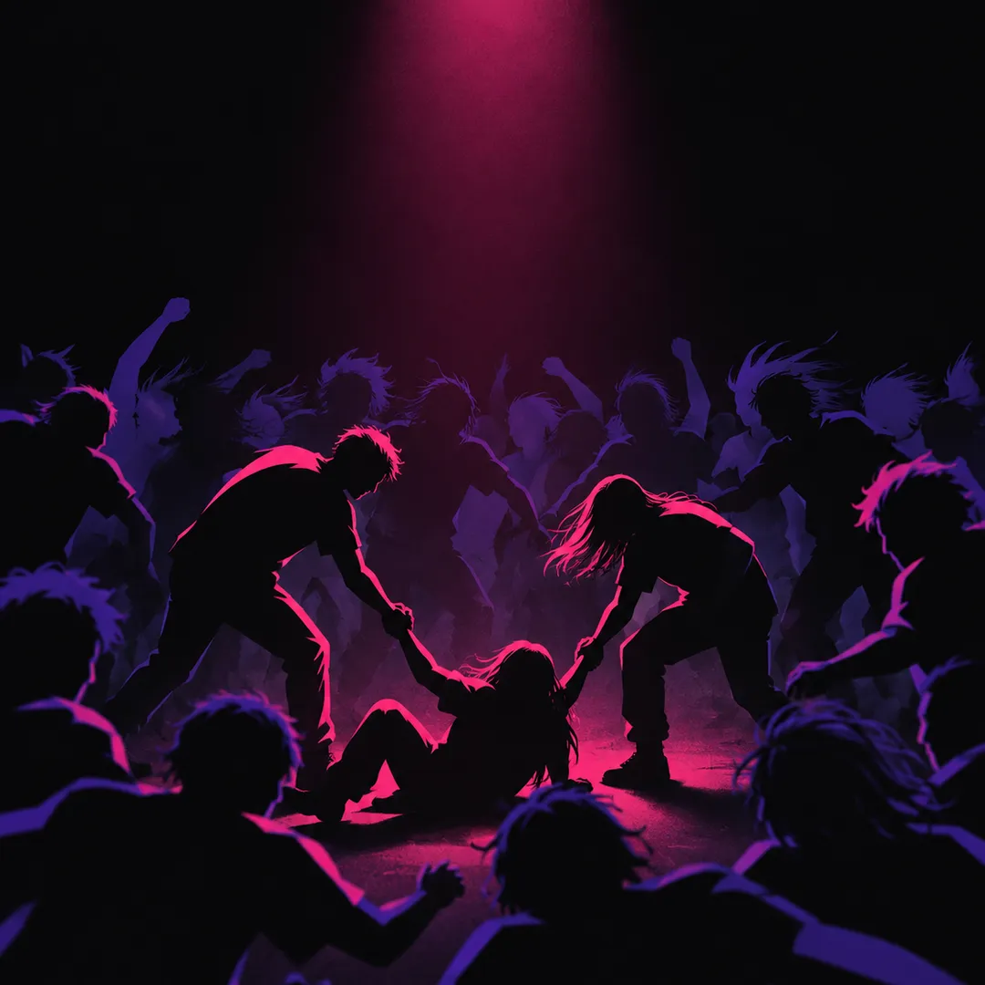 Illustration: in a mosh pit lit from above, people reach down to pull a fallen fan back to their feet.
