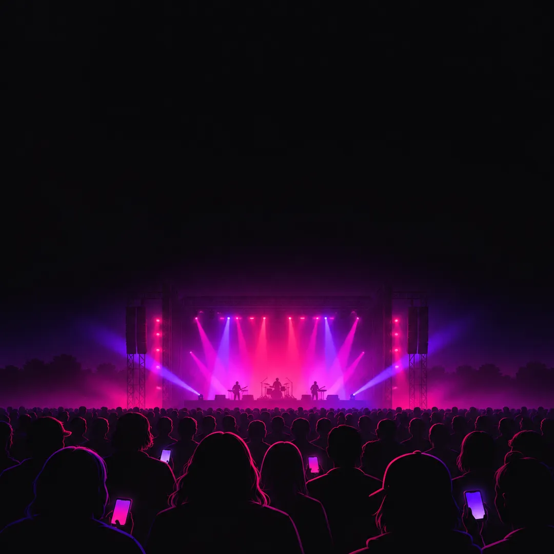 Illustration: a crowd seen from behind, a few glowing phone screens held low at chest height, a pink-lit stage ahead.