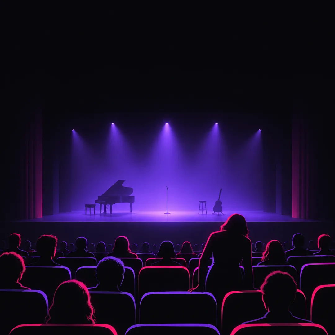 Illustration: rows of theatre seats seen from behind, the audience seated, one person quietly sitting down, a violet-lit stage with a piano ahead.