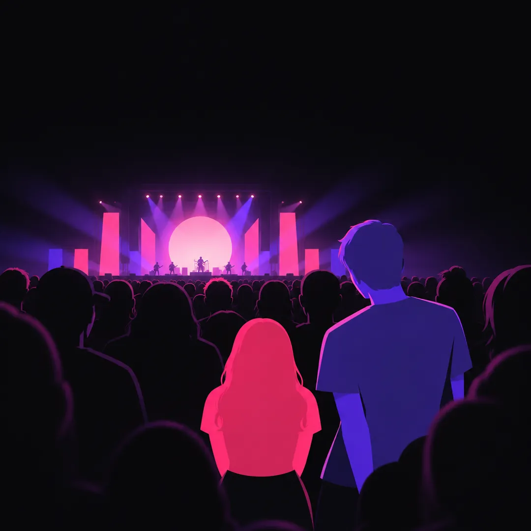 Illustration: a tall figure in violet and a shorter figure in pink standing together in a crowd facing a distant glowing stage.