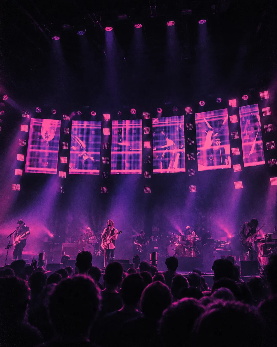 Radiohead on stage at Le Zénith, Paris, under a row of video screens, seen over the heads of the crowd.