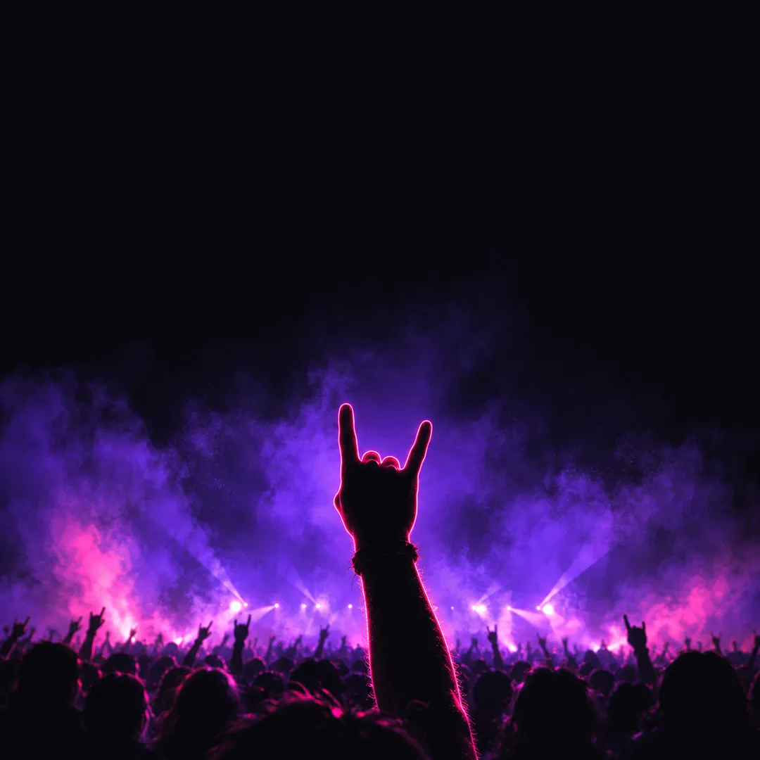Illustration: a single raised hand making the metal horns gesture in silhouette, outlined in pink neon against a smoky violet glow.
