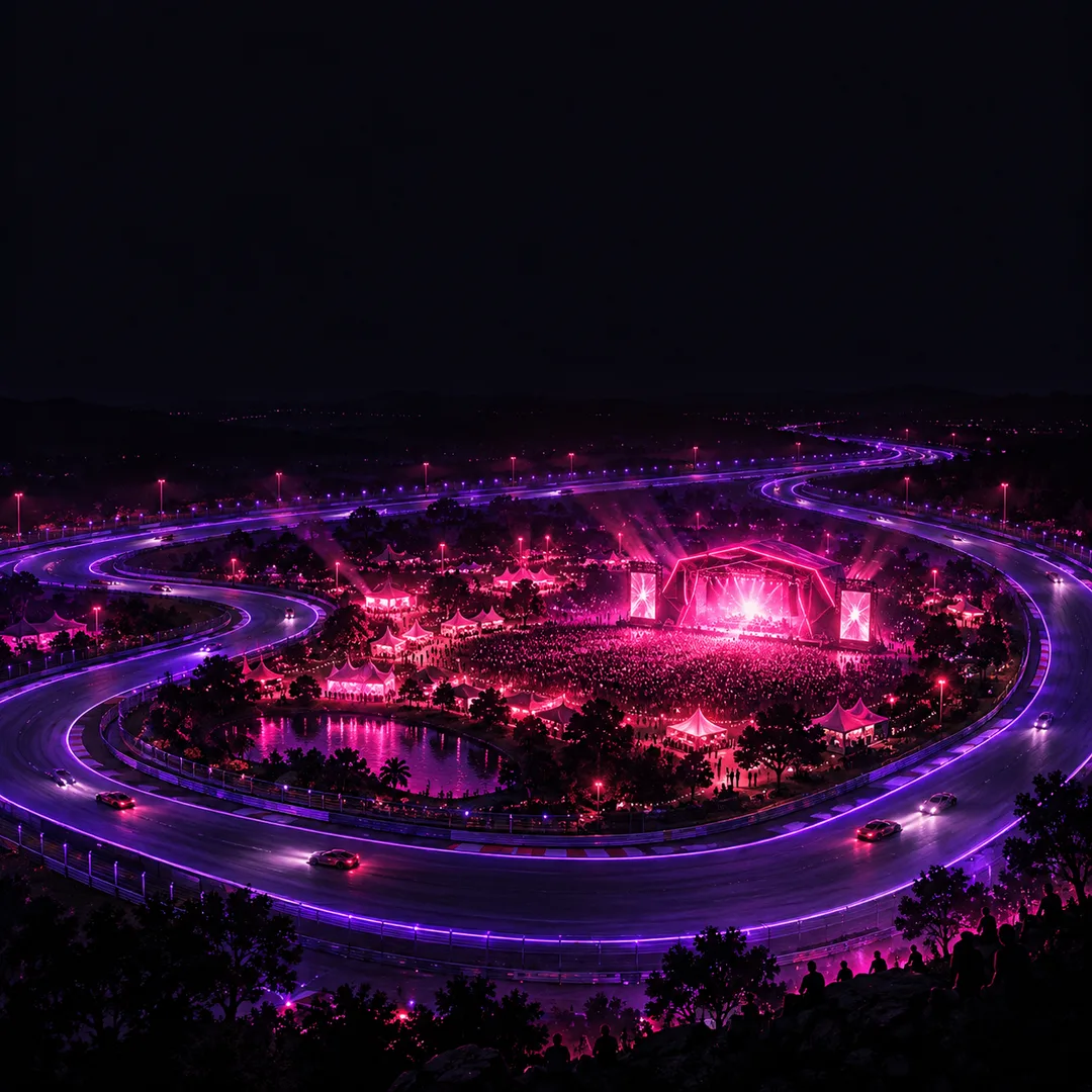 Illustration: a curving racetrack seen from above at night, outlined in violet neon, with a festival stage and crowd glowing pink in the infield.