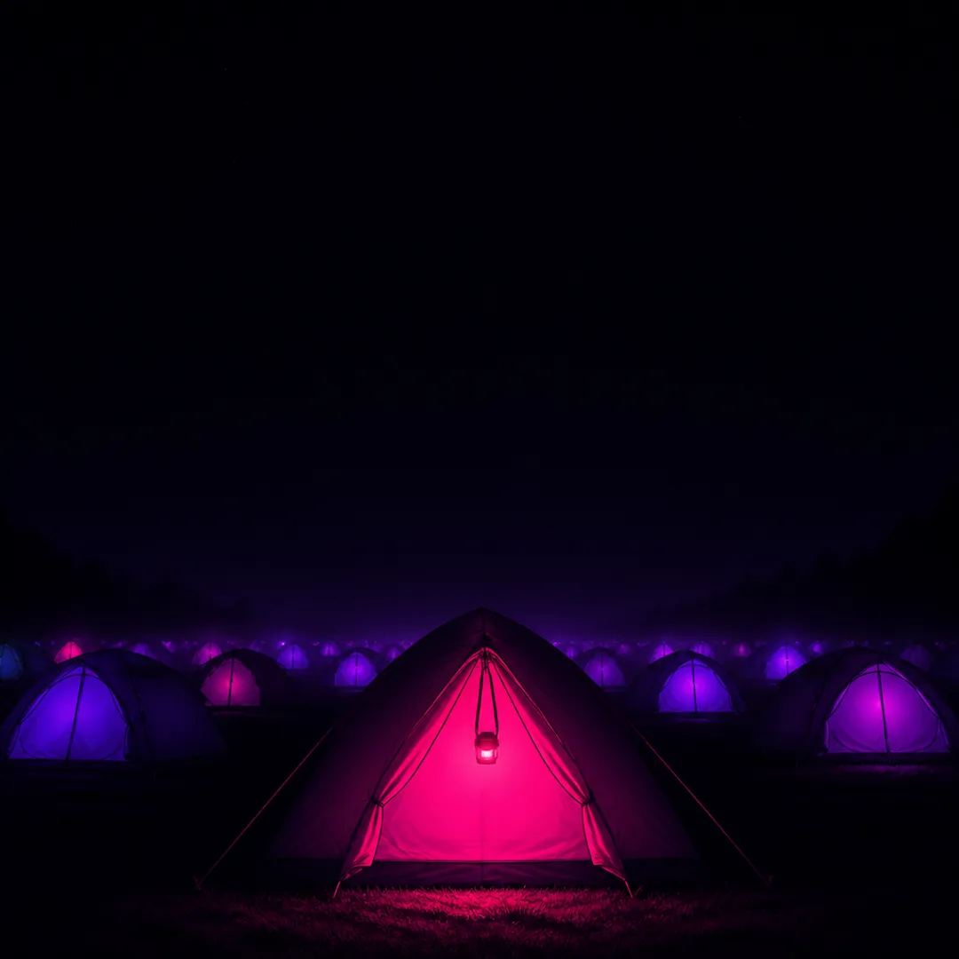 Illustration: a small tent glowing pink from inside at night, a head torch hanging in the doorway, rows of other tents fading into the dark.