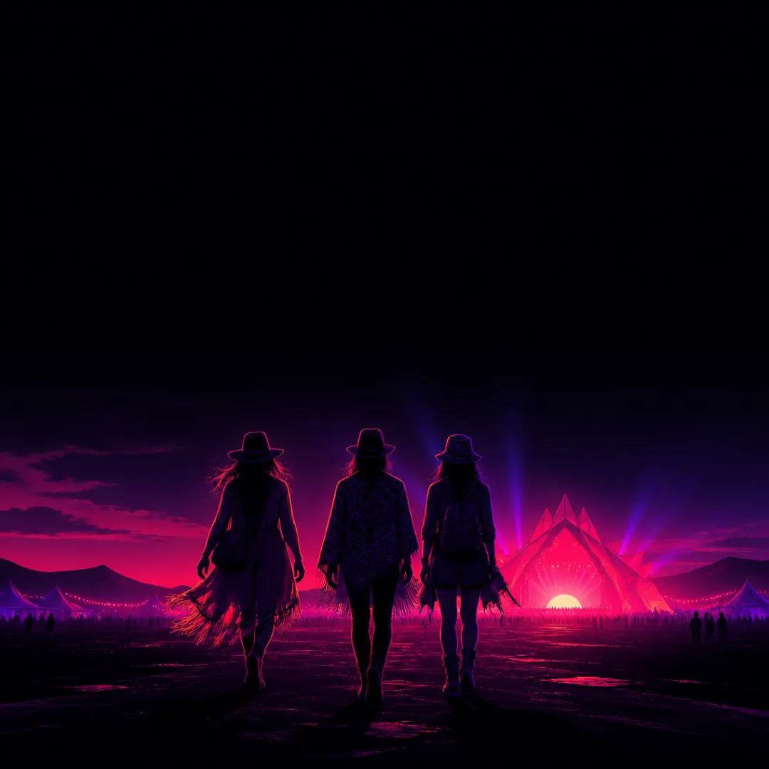 Illustration: three festival-goers seen from behind in layered outfits, boots and hats, walking towards a glowing festival stage at sunset.