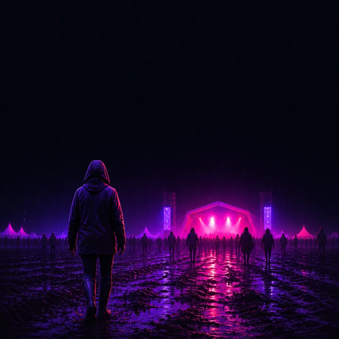 Illustration: a festival-goer in a rain jacket and wellies walking through a muddy field towards a glowing stage in the rain.