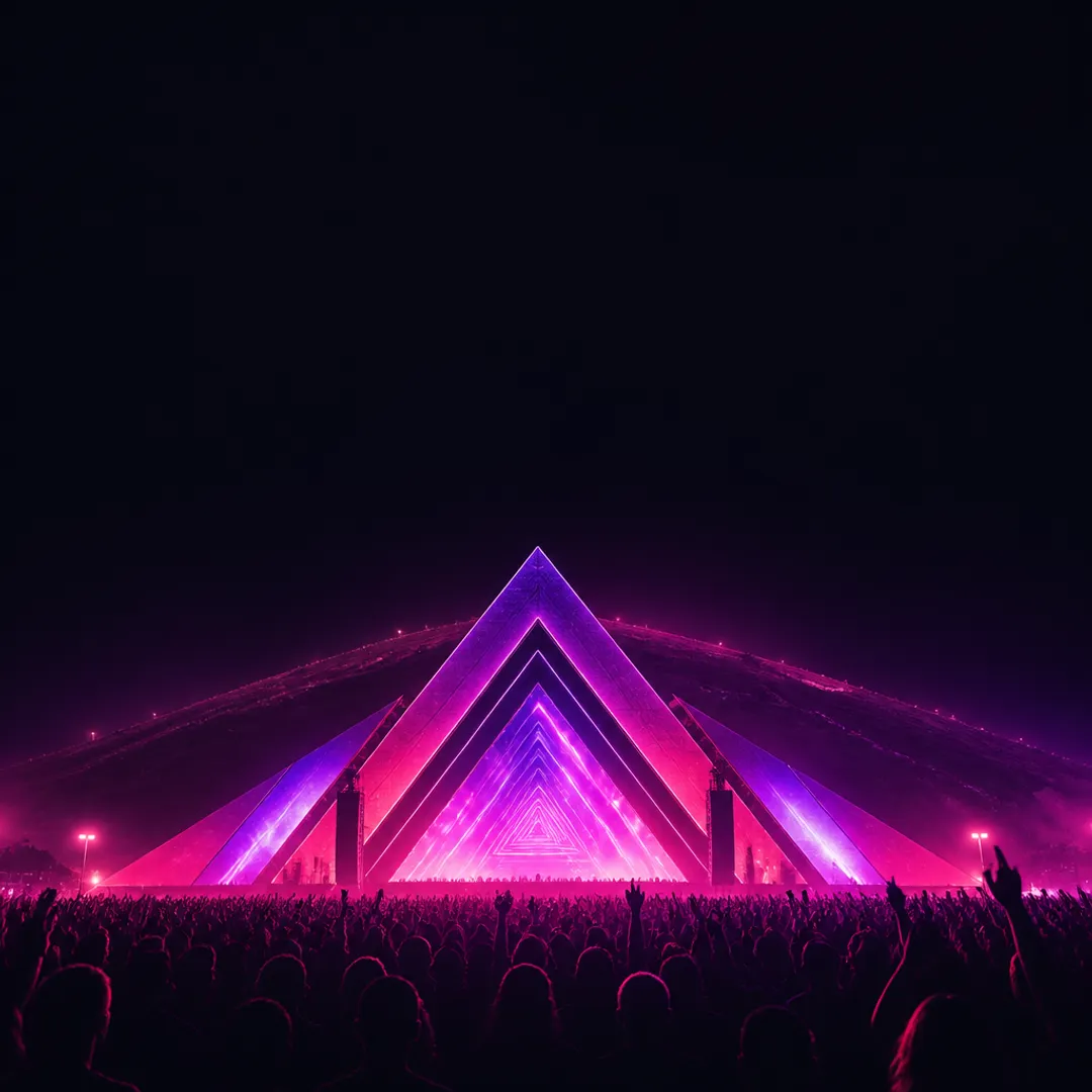 Illustration: a huge pyramid-shaped stage glowing pink and violet at night above a sea of festival crowd silhouettes, a hill rising behind it.