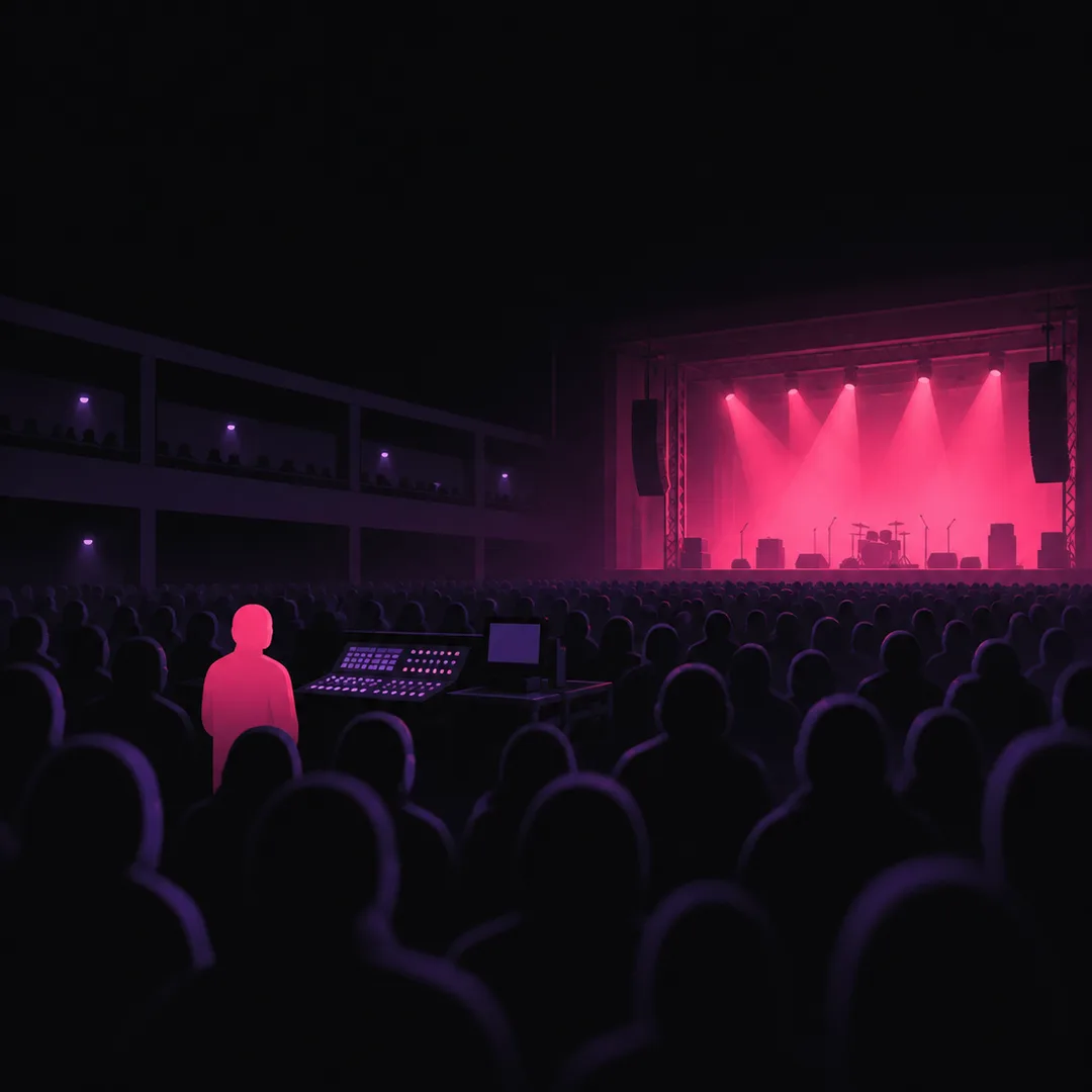 Illustration: a lone pink figure standing beside the sound desk in a dark crowd, a lit stage beyond.