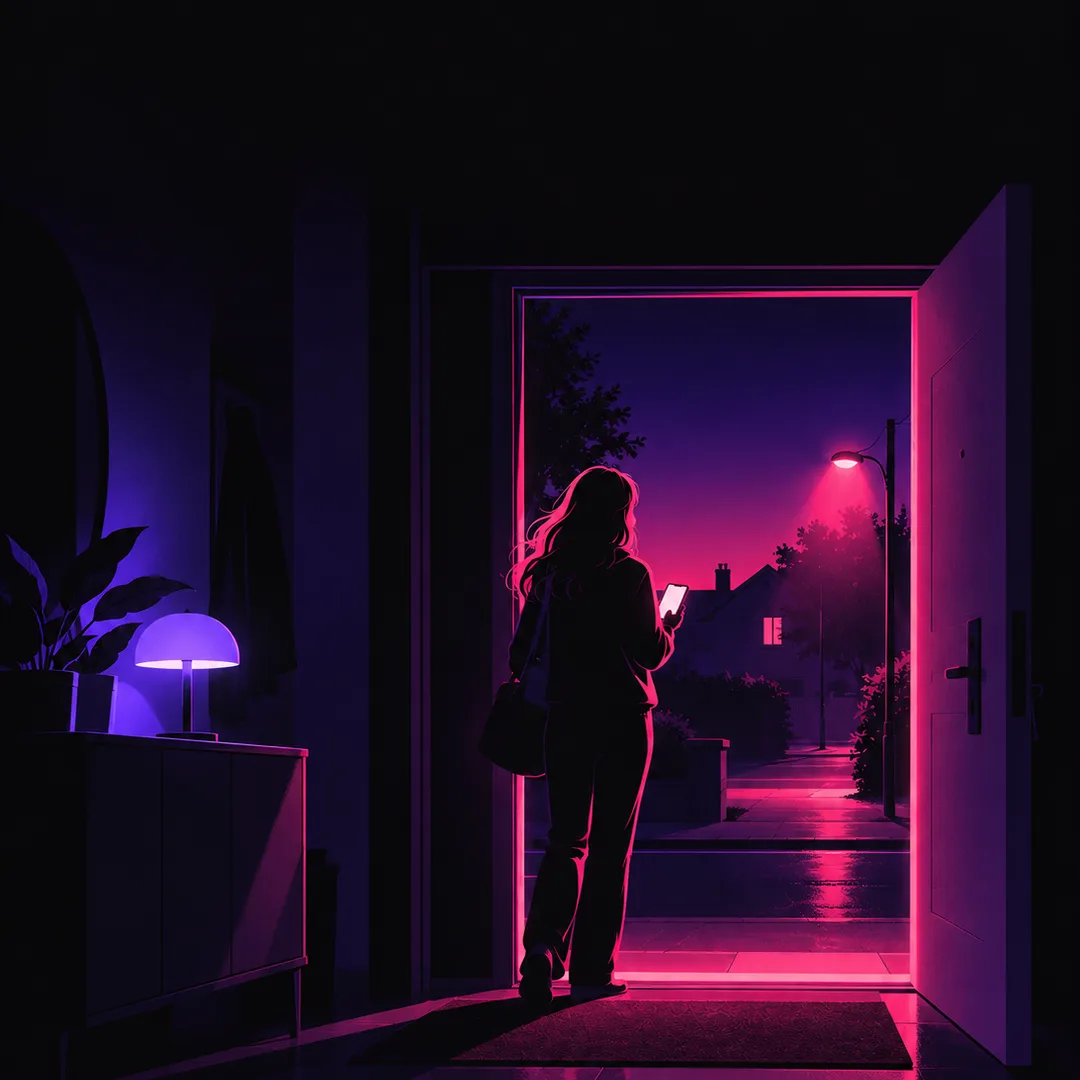 Illustration: a fan standing at an open front door at dusk, phone glowing in hand, about to head out to a gig.