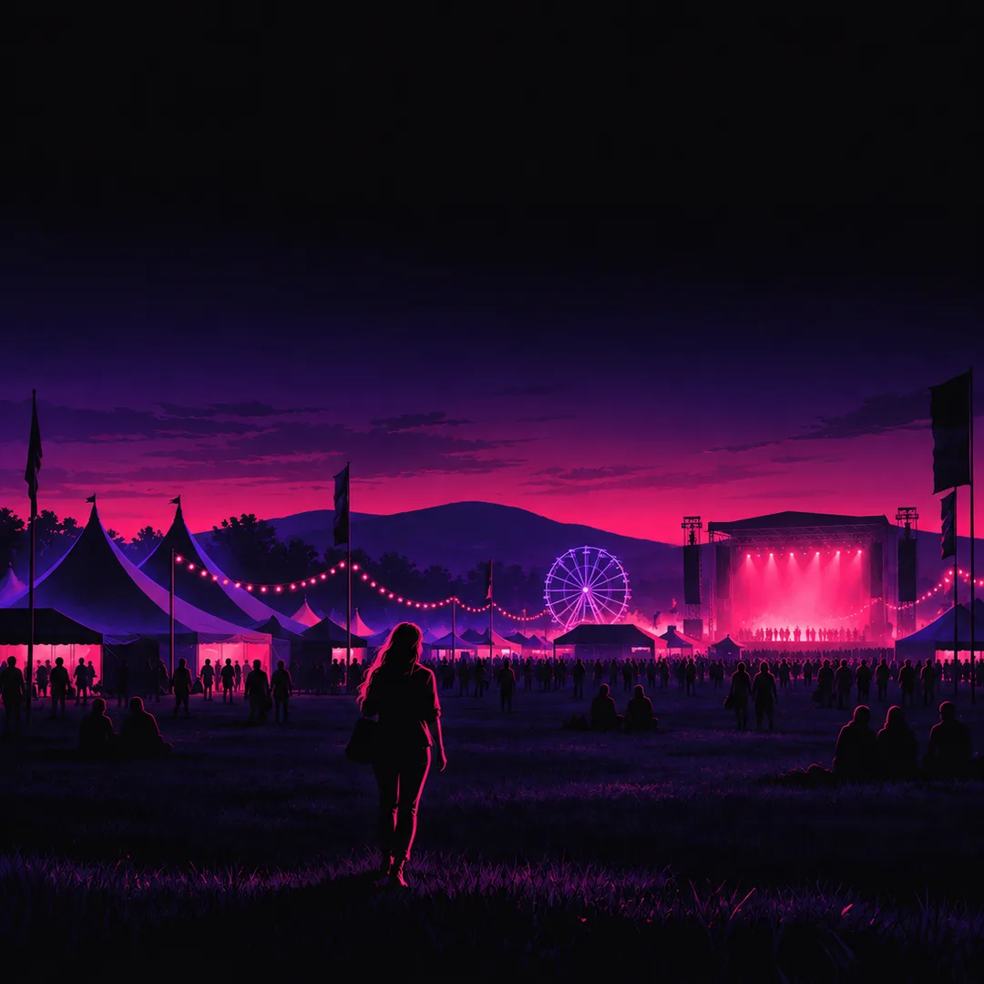 Illustration: a lone figure walking across a festival field at dusk towards tents, a ferris wheel and a glowing stage.