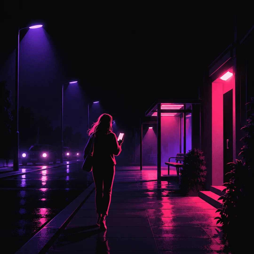 Illustration: a fan walking along a wet night street towards a lit bus stop, phone glowing in hand.