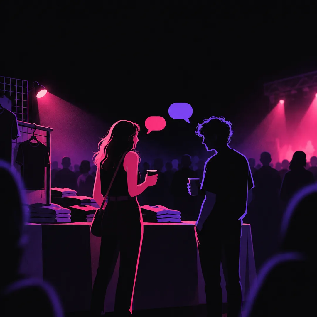 Illustration: two fans chatting with drinks beside a merch table, small pink and violet speech bubbles between them.