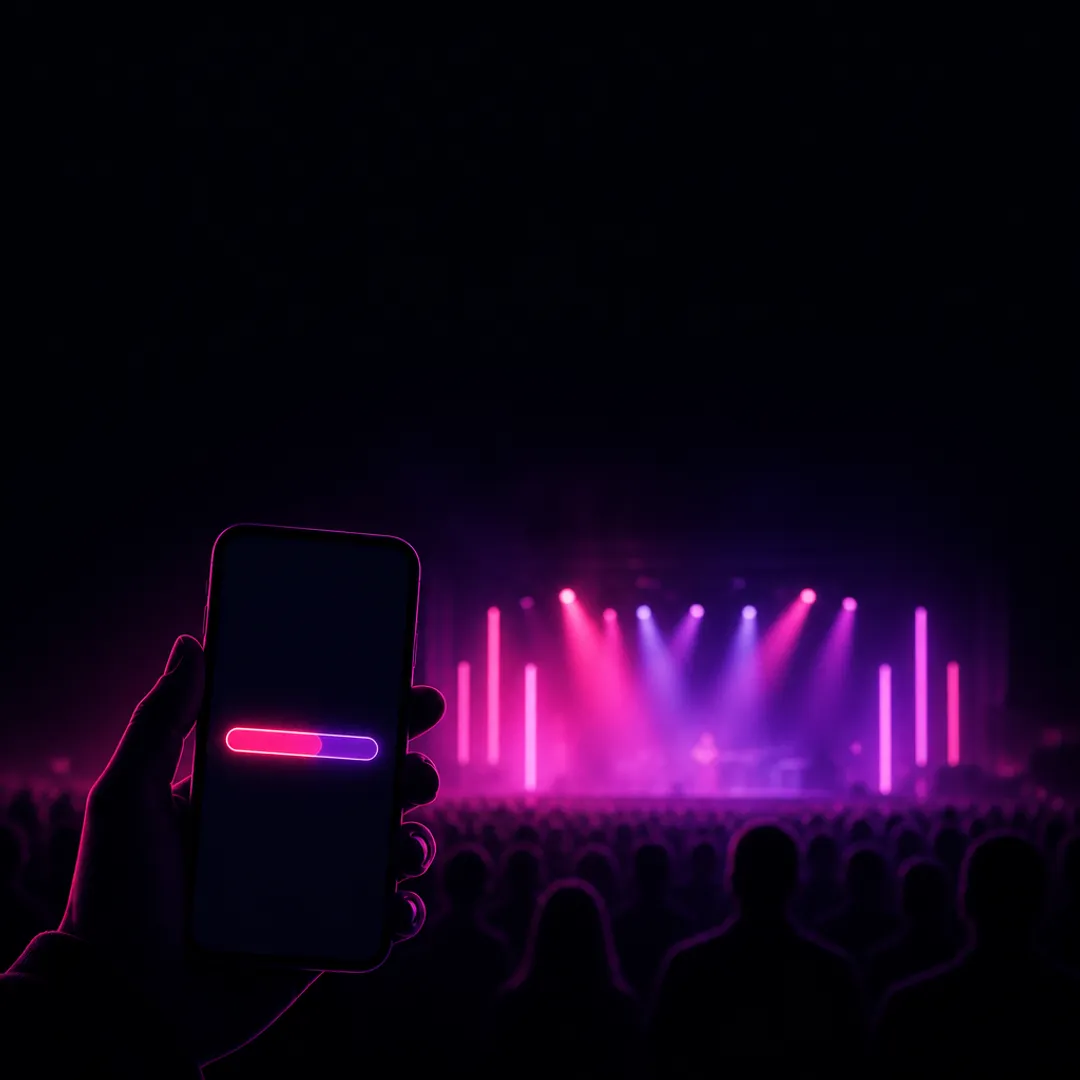 Illustration: a hand holding a phone showing a glowing waiting-room progress bar, a concert stage lit pink and violet in the background.