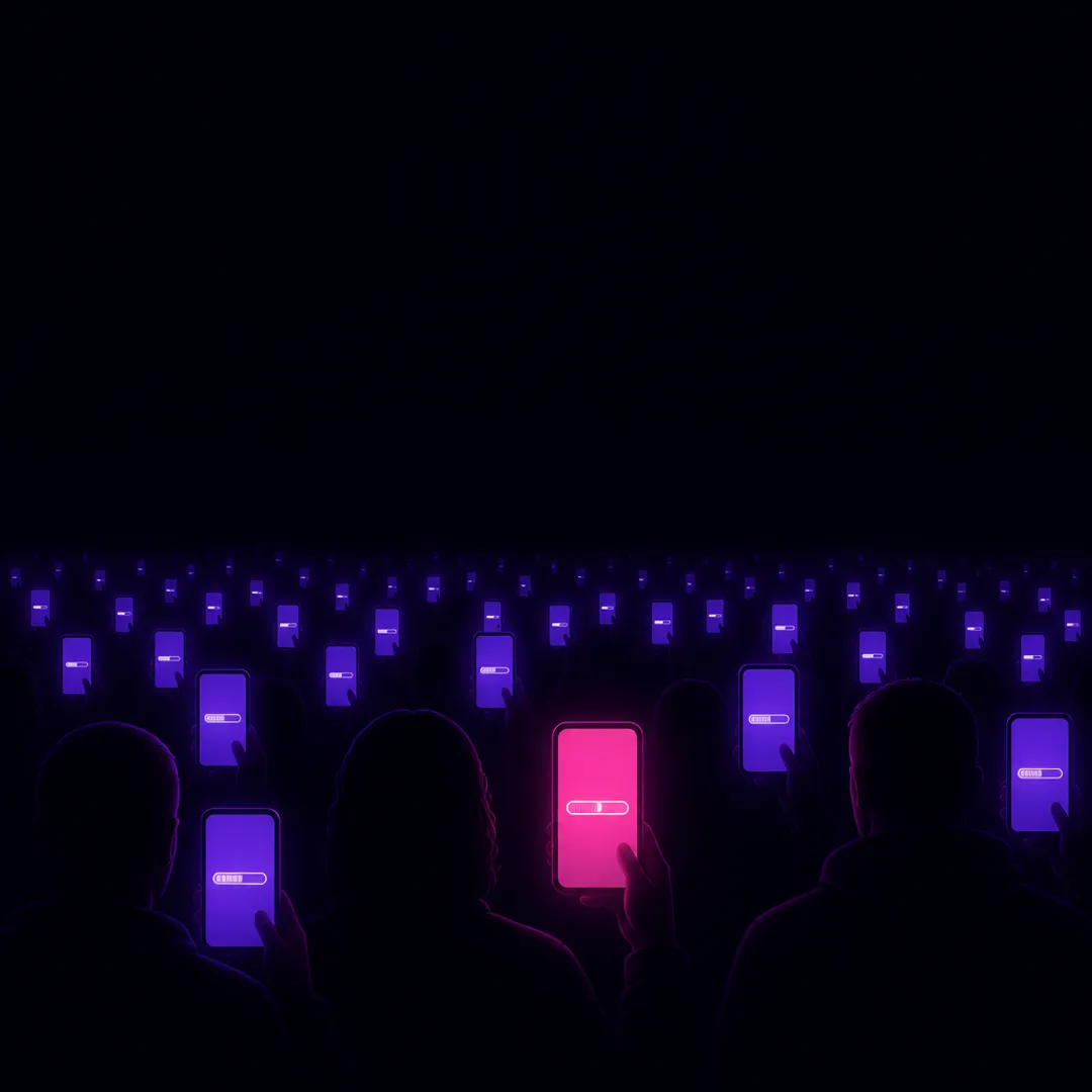 Illustration: rows of glowing phone screens in the dark, each showing a waiting-room queue, with one screen turning pink as its turn comes.