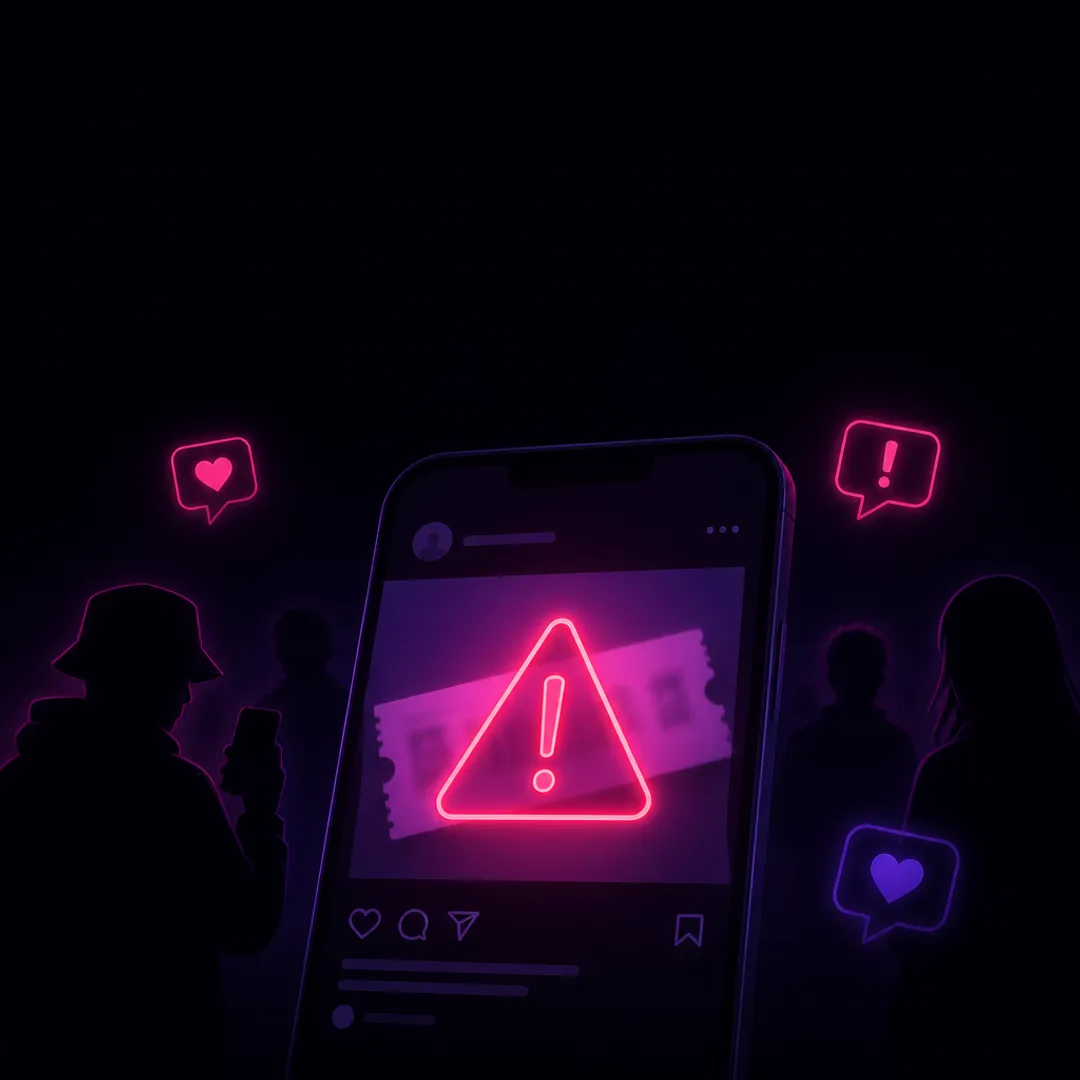 Illustration: a phone showing a social media post offering spare tickets, with a glowing pink warning shape over it.