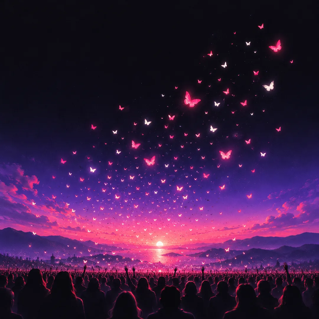 Illustration: hundreds of small white and pink butterflies rising into a violet sky above a crowd of silhouettes at dusk.