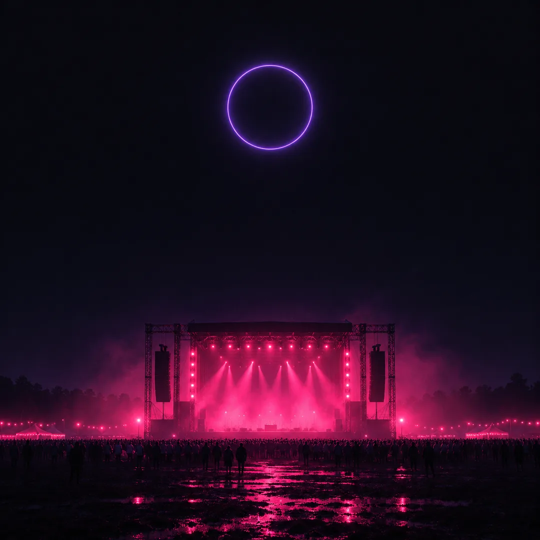 Illustration: a distant outdoor stage glowing pink at night, under a single ring of violet light in the dark sky.