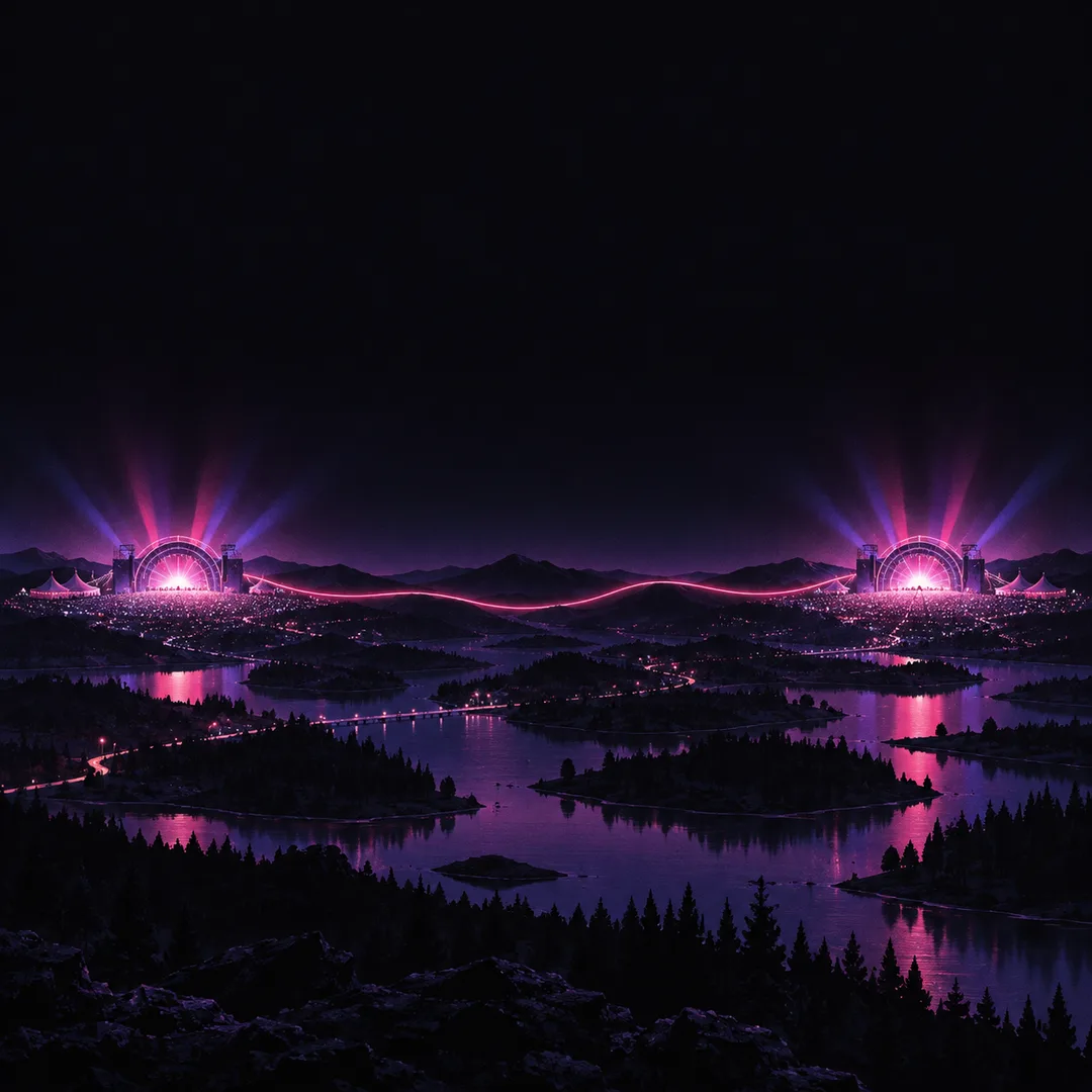 Illustration: two identical festival stages in the distance, linked by a single glowing pink line across a dark landscape.