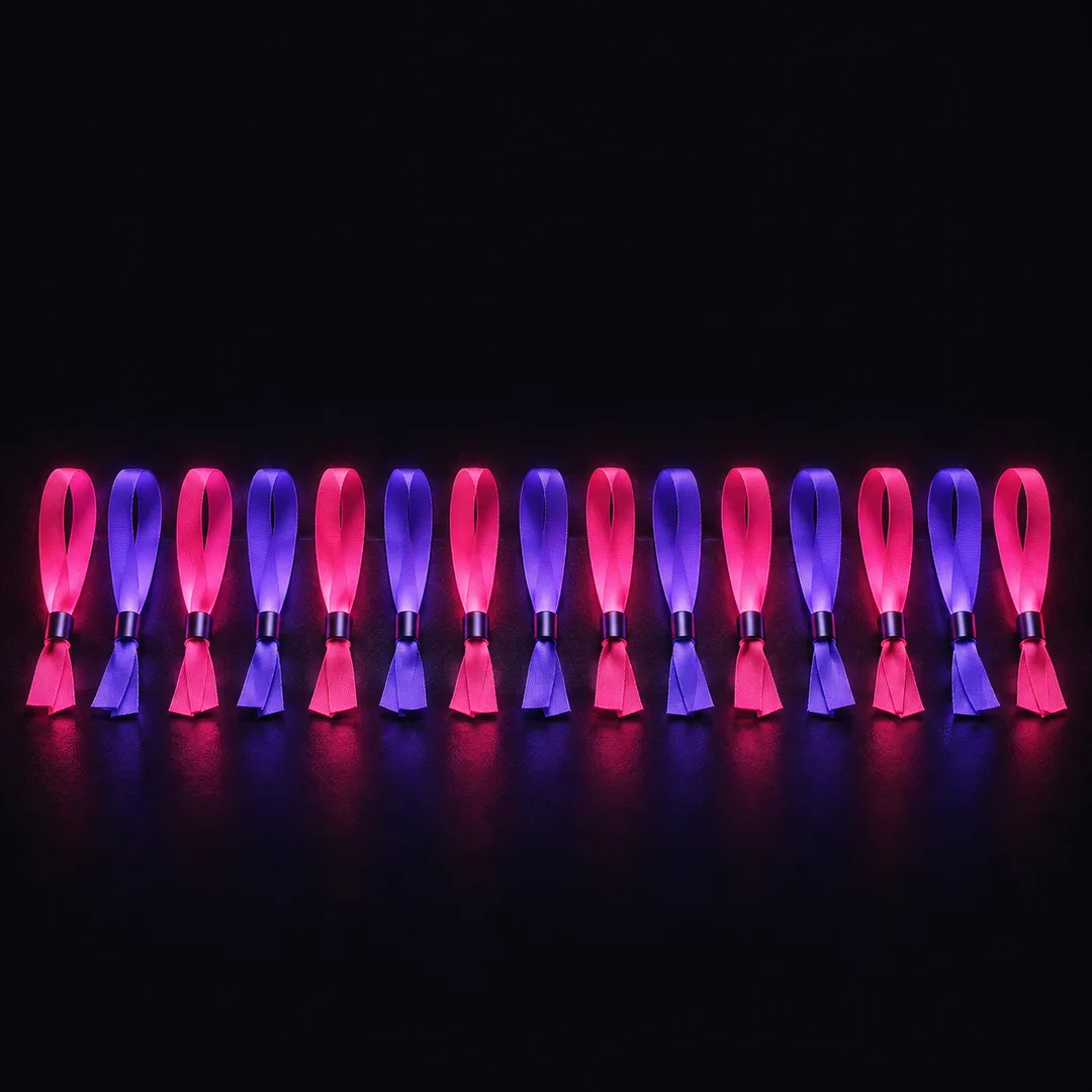 Illustration: a row of plain fabric festival wristbands, glowing alternately pink and violet against a dark background.