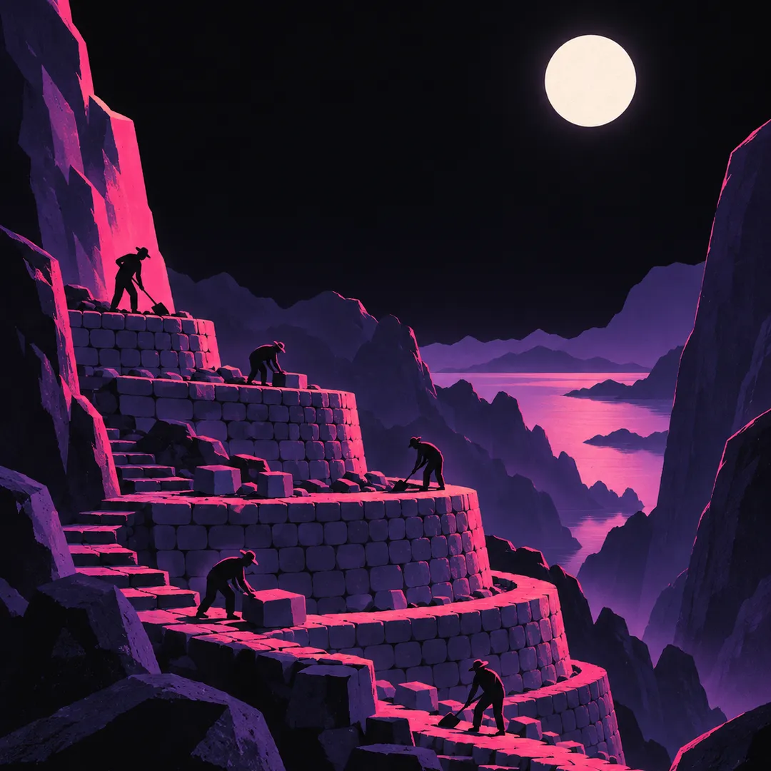 Illustration: workers with shovels and stone blocks building curved stone terraces between towering rocks under a full moon.