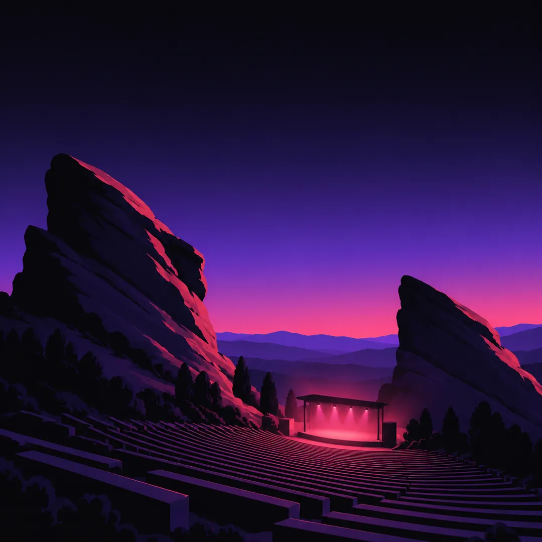 Illustration: an amphitheatre of curved benches climbing between two huge tilted rock formations at twilight, a small pink-lit stage below.