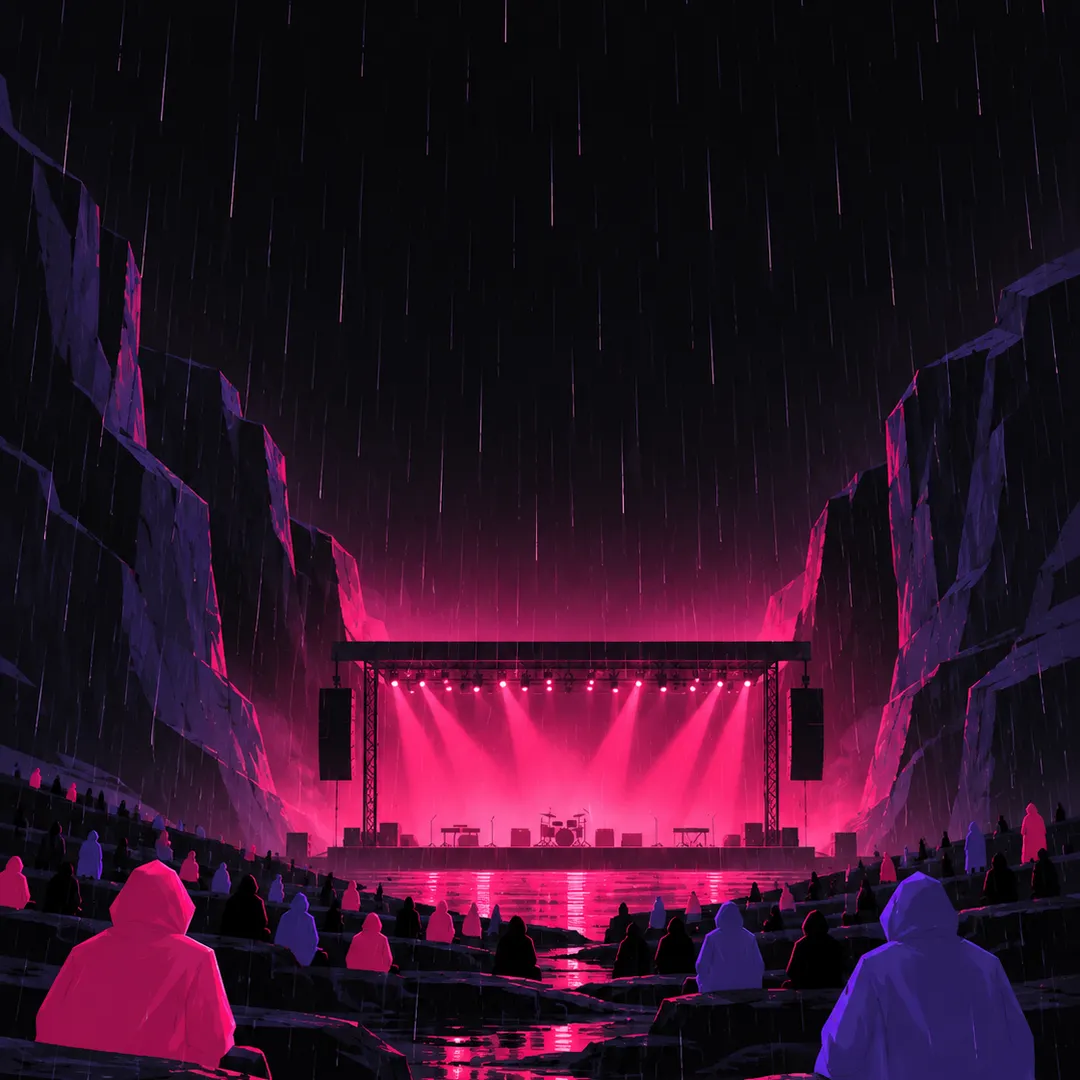 Illustration: hooded fans in the rain watching a pink-lit stage between dark rock walls.