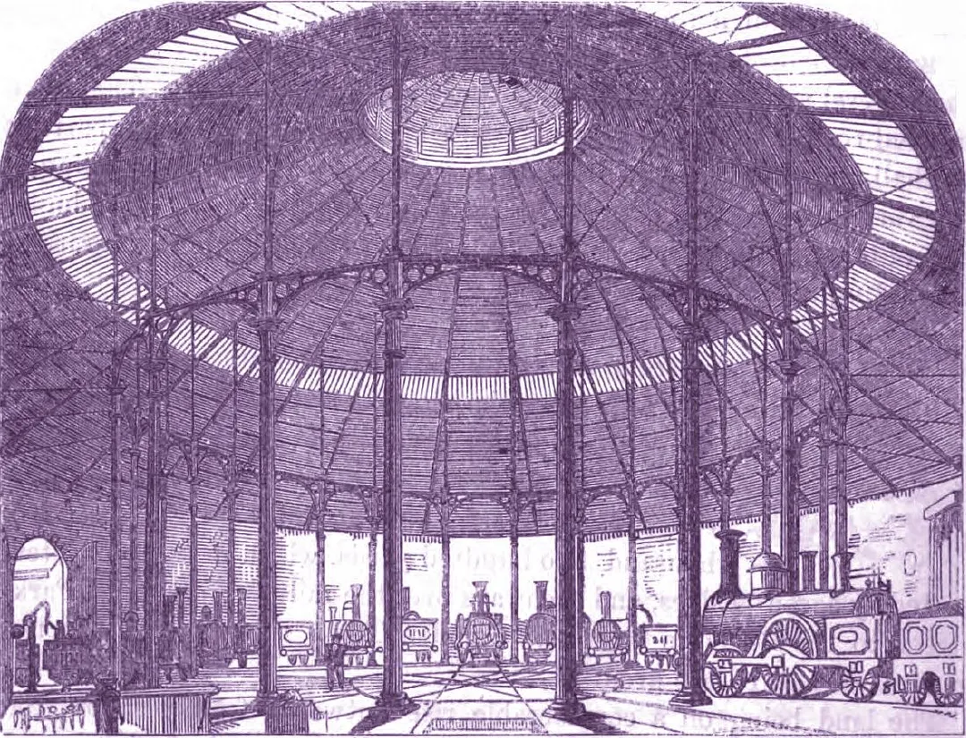 A Victorian engraving of the inside of the Great Circular Engine House: a ring of slender iron columns under the radiating roof, with steam locomotives standing around the turntable.