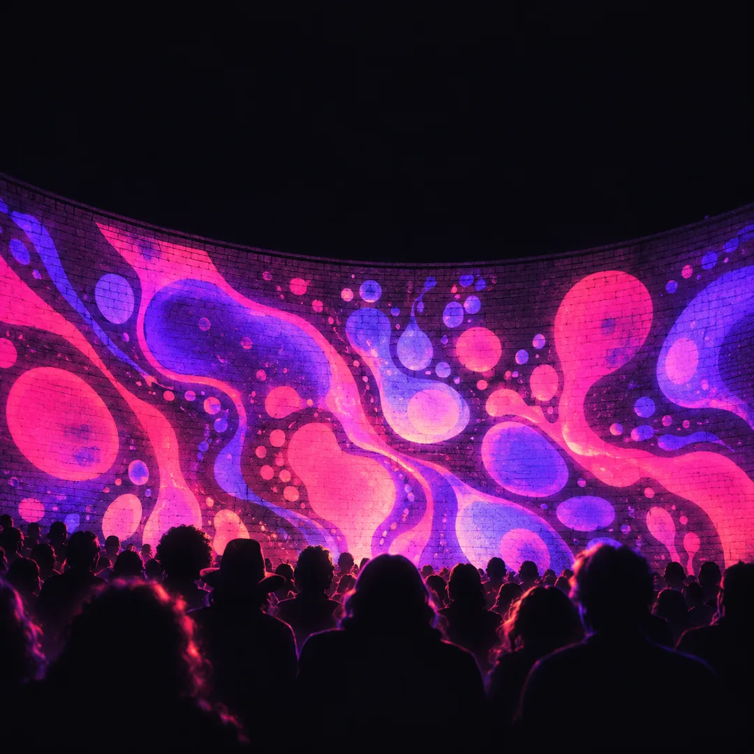 Illustration: liquid blobs of pink and violet light projected onto a curved wall above a dark crowd of silhouettes, in the style of a 1960s light show.