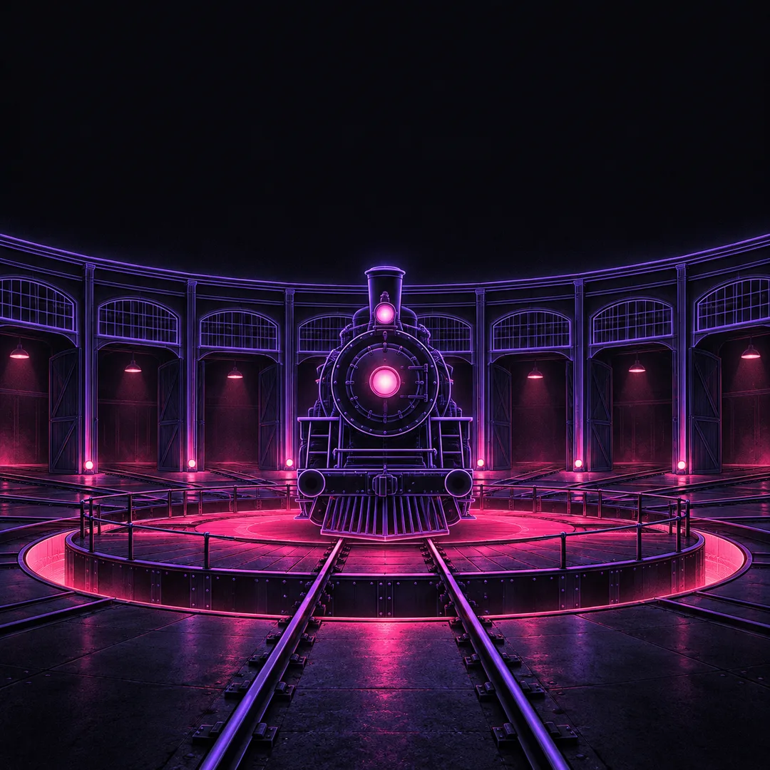 Illustration: a steam locomotive in simple line art on a round railway turntable inside a circular shed, drawn in violet neon with a pink glow at the centre.
