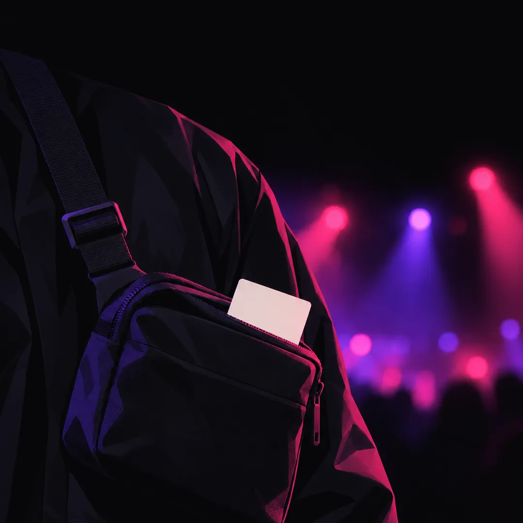 Illustration: a small cross-body bag worn at the front of a dark jacket, a card peeking out, stage lights blurred behind.