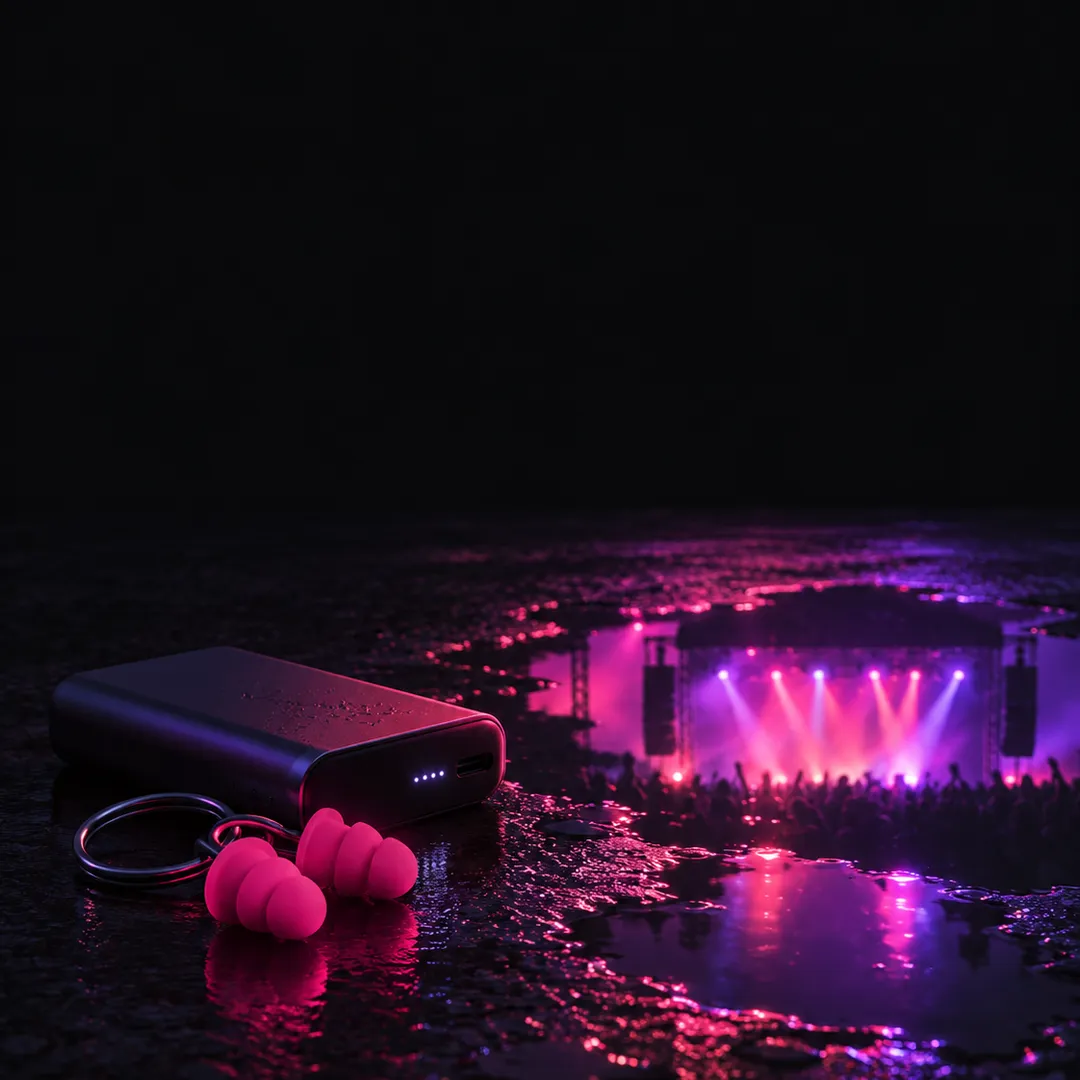 Illustration: a power bank and pink earplugs on a keyring on wet ground, a glowing stage reflected in a puddle.