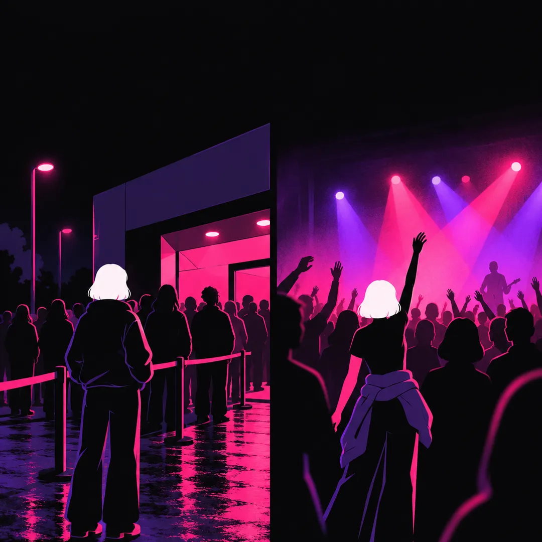 Illustration: a fan in a jacket waiting in a queue outside a venue, then inside the crowd with the jacket tied round their waist.