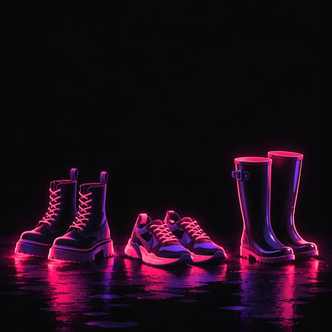 Illustration: chunky boots, trainers and wellies side by side on a wet, neon-lit pavement.