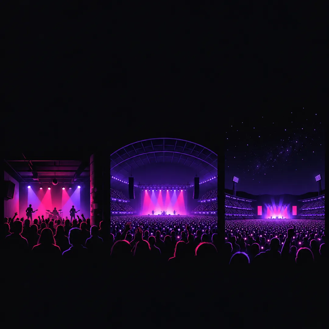 Illustration: three small scenes side by side: a small club, a large arena and an open-air stadium under the stars.
