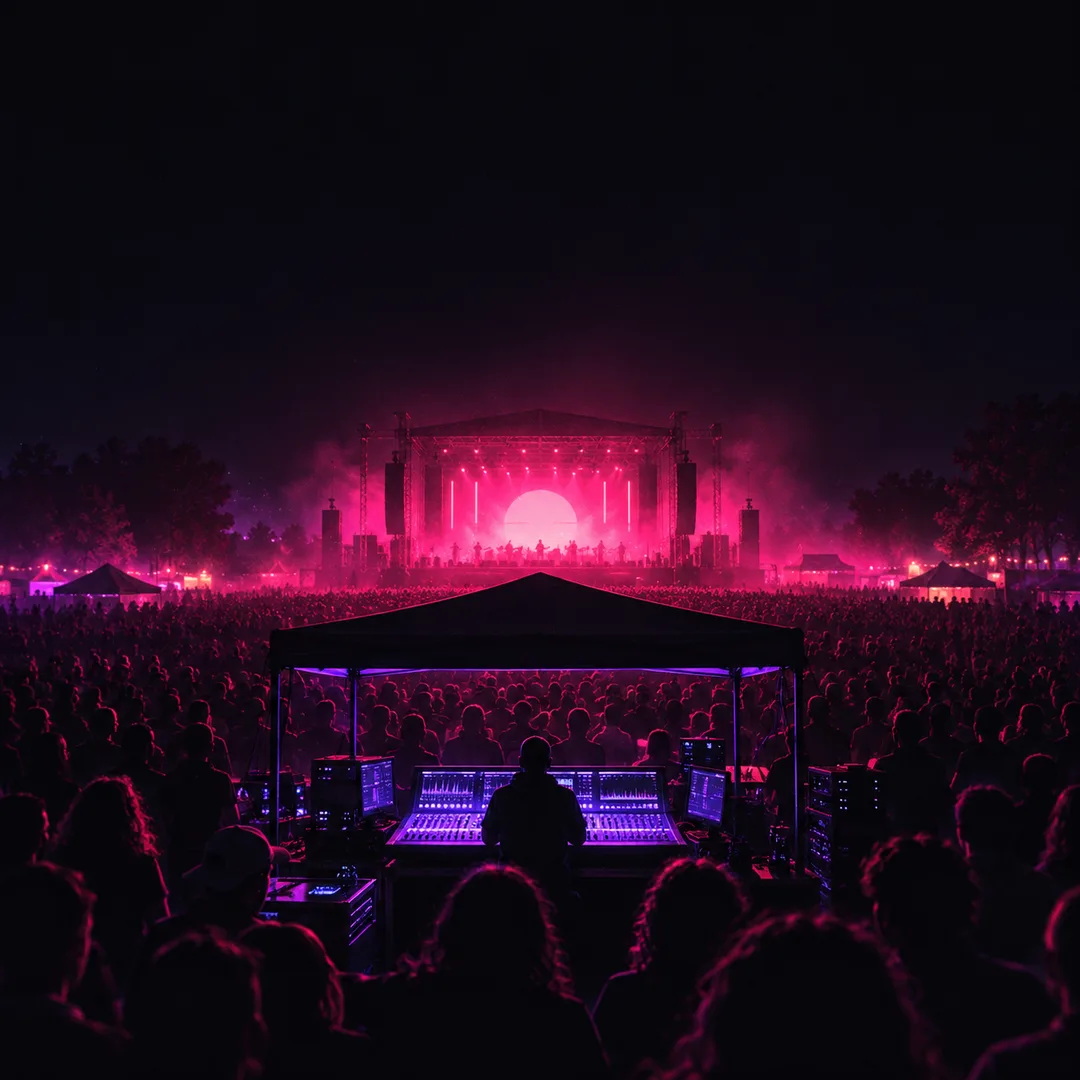 Illustration: a mixing console under a small canopy in the middle of a crowd, its faders glowing violet, with the stage glowing pink in the distance.