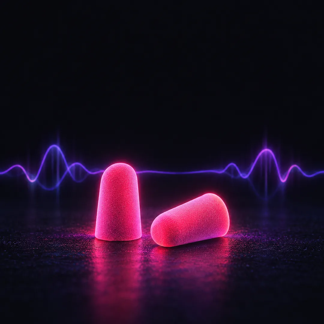 Illustration: a pair of small foam earplugs glowing softly pink on a dark surface, with a faint violet soundwave behind them.