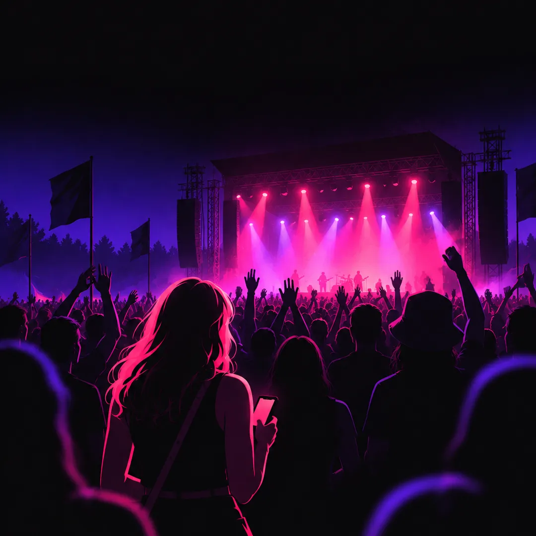 Illustration: a crowd with raised hands facing a glowing stage, one fan at the front holding a phone low at chest height.