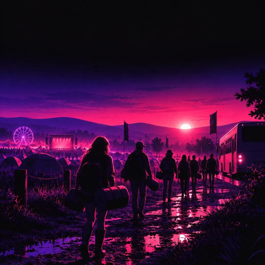 Illustration: festival-goers carrying tents and bags along a muddy path at sunrise towards a waiting bus, the stage and ferris wheel behind them.