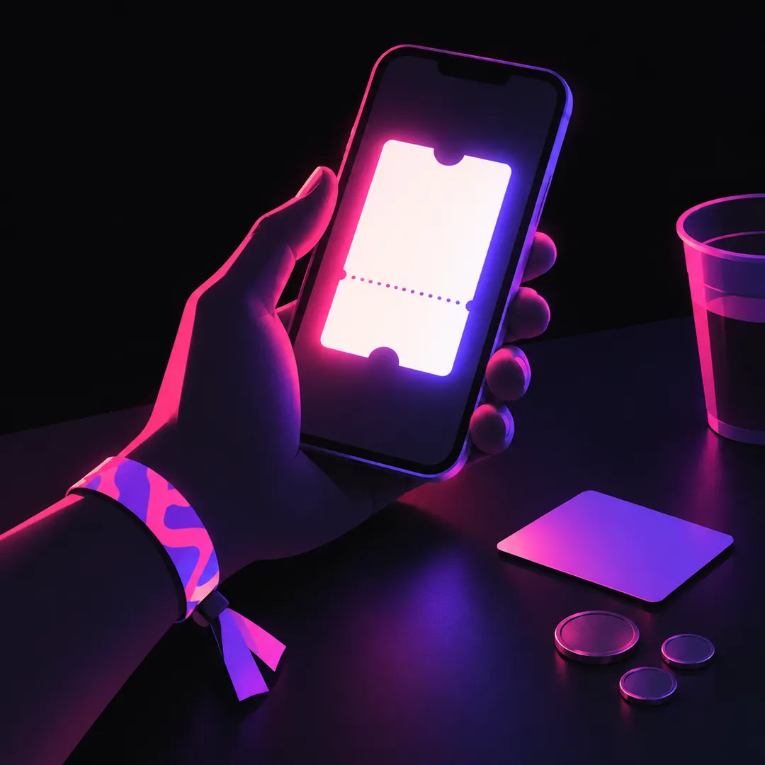 Illustration: a hand wearing a festival wristband, holding a phone with a glowing ticket on the screen, a card and coins on the table.