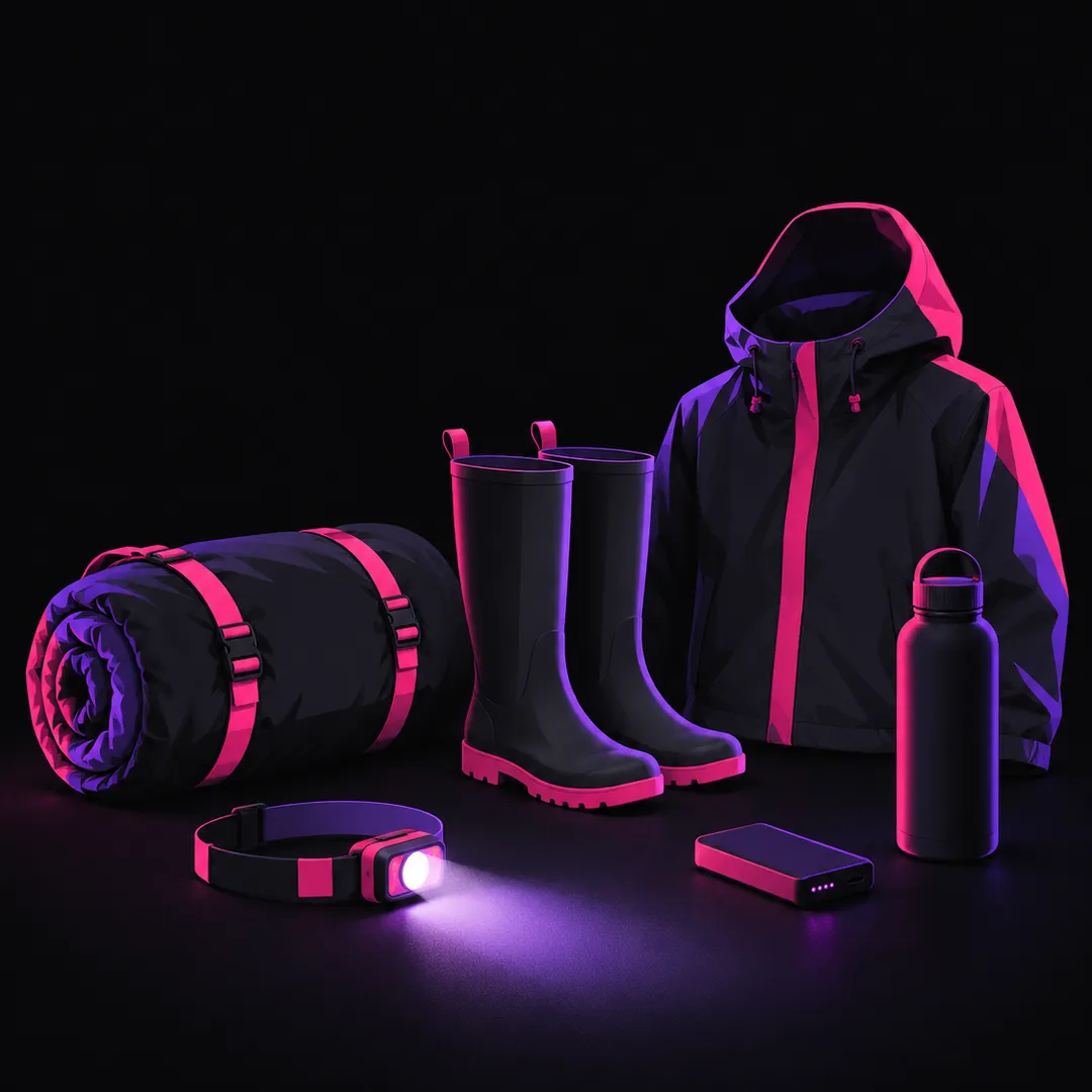 Illustration: festival kit laid out on the ground: a rolled sleeping bag, wellington boots, a rain jacket, a water bottle, a head torch and a power bank.
