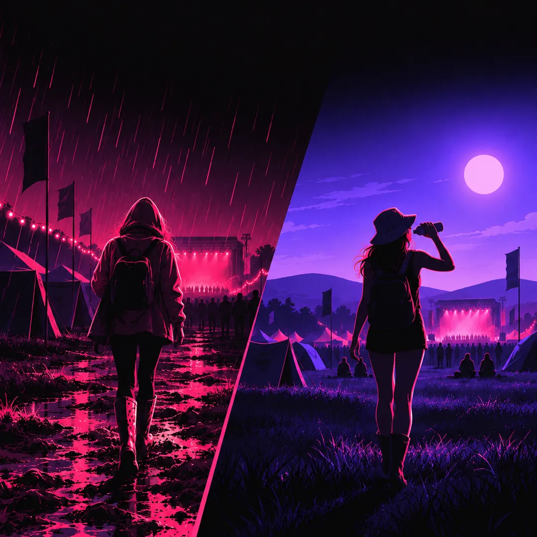 Illustration: a split scene of a festival-goer, in a hooded rain jacket on a muddy path in pink rain on one side, and in a sun hat drinking water under a violet sun on the other.